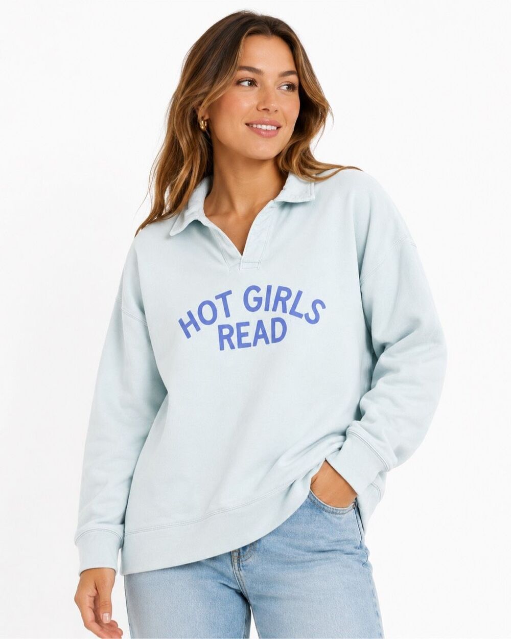 Allie Rose Hot Girls Read Blue Collared Pullover Sweatshirt Size Large